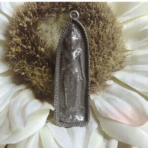 Vintage Pewter Relief Pendant | Arched Spiritual Figure | 70s Folk Style